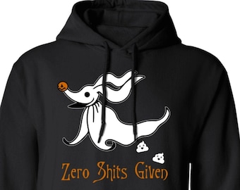 May include: Black hooded sweatshirt with a white cartoon dog wearing a pumpkin on its head and the text "Zero Shits Given".