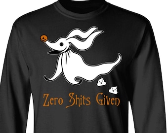May include: Black long-sleeve t-shirt with a white cartoon ghost character and the text "Zero Shits Given".