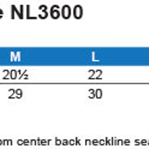 May include: Size chart for a fitted short sleeve tee, showing chest and body length measurements in inches for sizes XS through 4XL.  The chart includes the text "Premium Fitted Short Sleeve Tee NL3600".