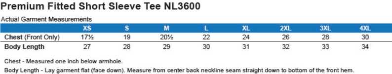 May include: Size chart for a fitted short sleeve tee, showing chest and body length measurements in inches for sizes XS through 4XL.  The chart includes the text "Premium Fitted Short Sleeve Tee NL3600".
