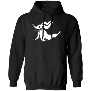 May include: Black hooded sweatshirt featuring a white cartoon image of Zero, the ghost dog from the film The Nightmare Before Christmas.