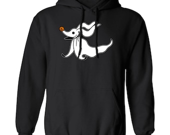 May include: Black hooded sweatshirt with a white cartoon image of Zero, the ghost dog from the movie The Nightmare Before Christmas.