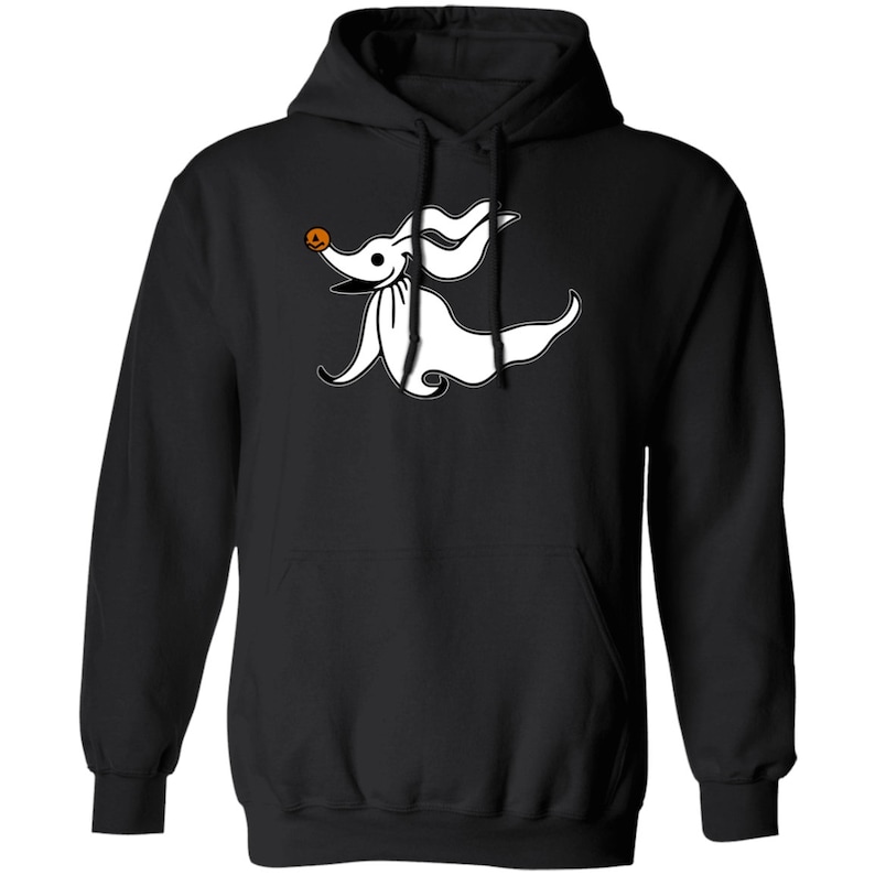 May include: Black hooded sweatshirt featuring a white cartoon image of Zero, the ghost dog from the film The Nightmare Before Christmas.