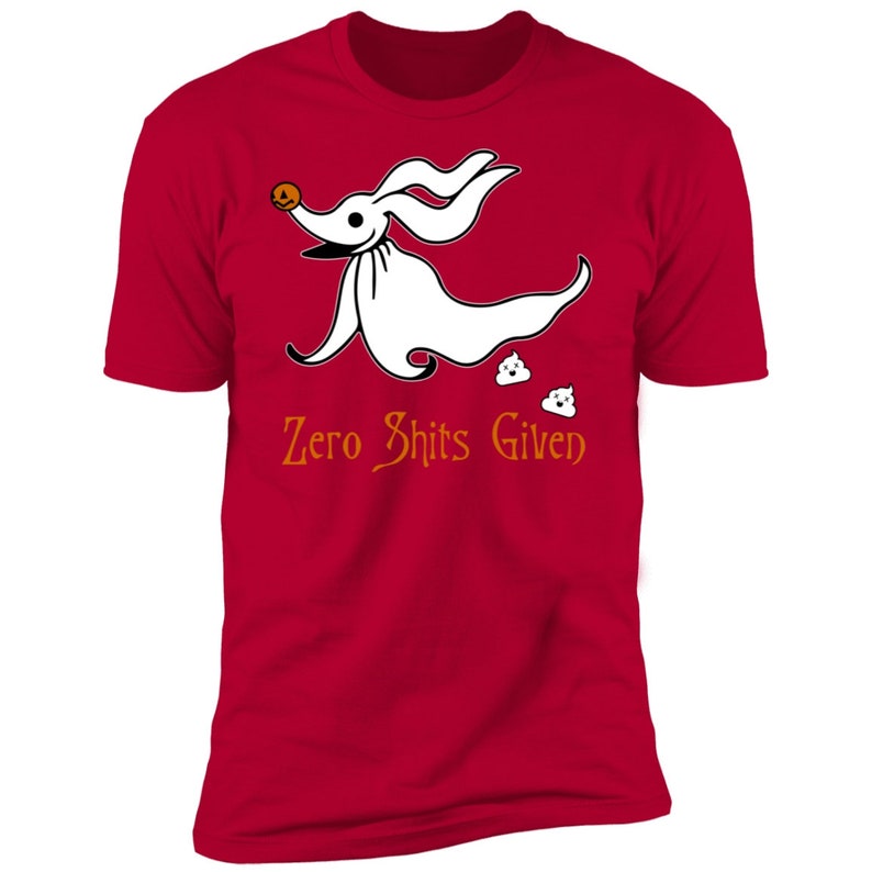 May include: Red t-shirt featuring a white cartoon dog wearing a pumpkin on its head and the text "Zero Shits Given".
