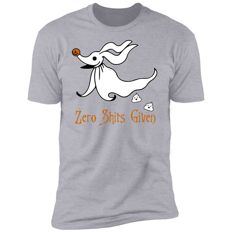 May include: A grey t-shirt featuring a white cartoon ghost dog with a pumpkin face and the text "Zero Shits Given".