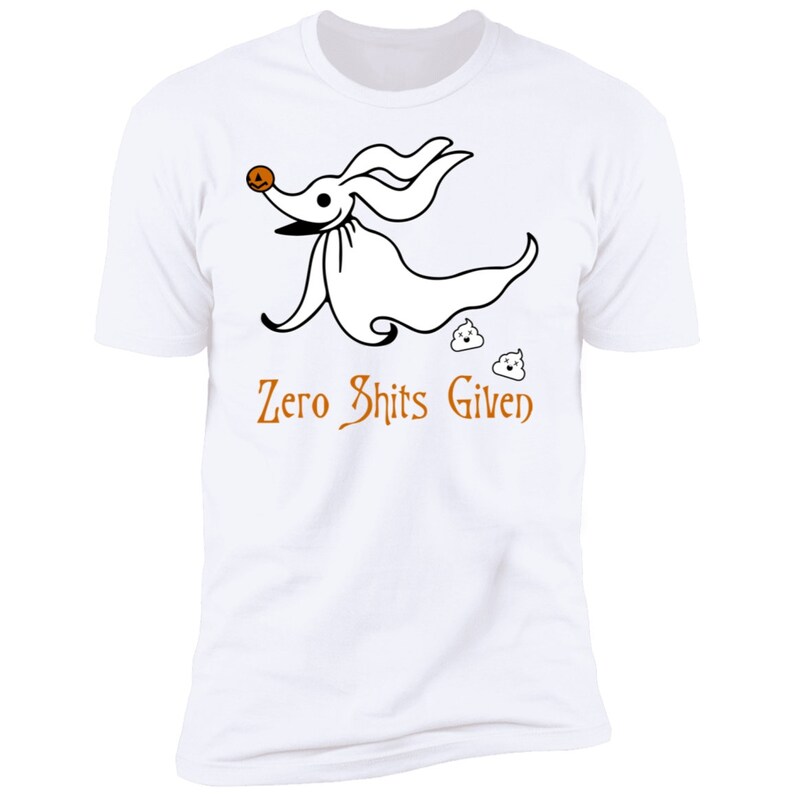 May include: White t-shirt featuring a black and white cartoon ghost dog with a pumpkin nose and the text "Zero Shits Given".