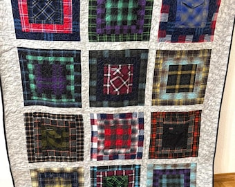 Bold flannel shirt Pocket, throw size quilt. 80" X 62"