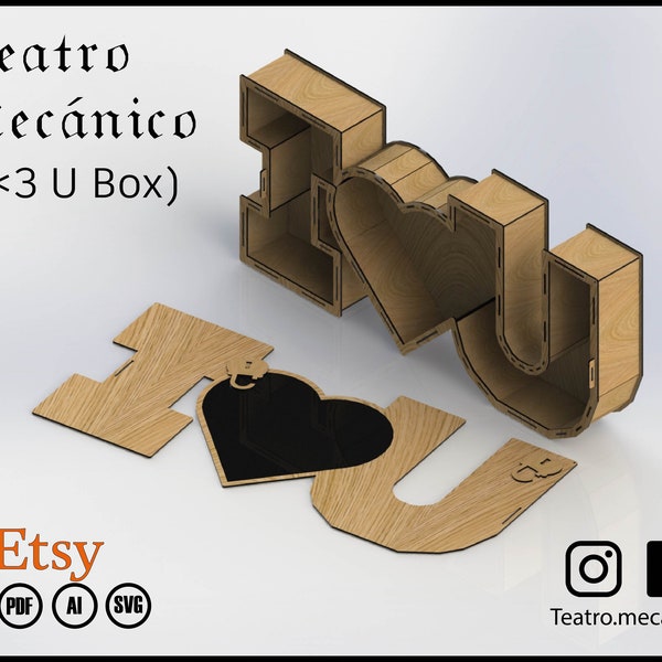 I Love You - Gift Box for laser cut - 3 sizes - CNC files (DXF) Vector - Digital Instant Download