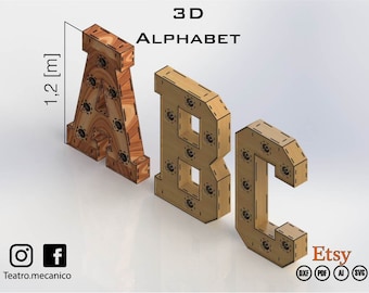 ALFABETO 3D da 1,2 metri ad alta / Lettera marquee - per taglio laser - file cnc (DXF) vettoriale - Download istantaneo digitale / Teatro meccanico