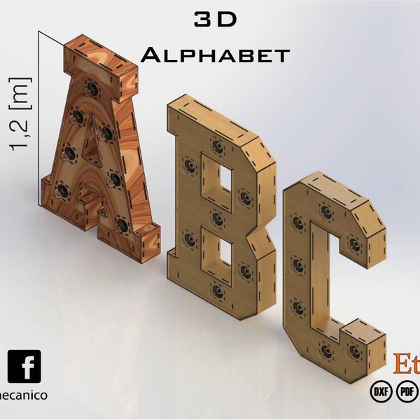 3D ALPHABET 1.2 meters to High / Marquee letter - for laser cut - cnc files (DXF) Vector - Digital Instant Download / Teatro Mecánico