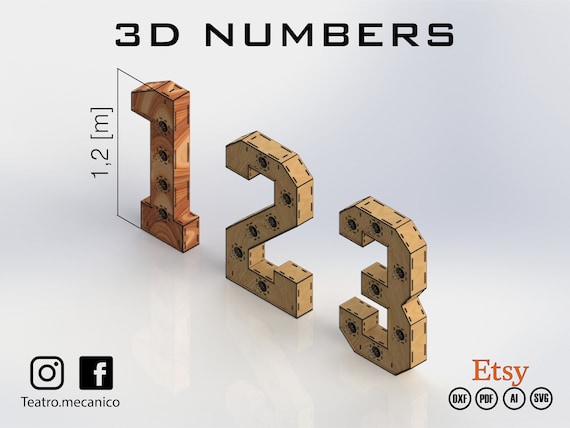 3D Numbers 1.2 Meters to High / Marquee Letter for Laser Cut Cnc Files DXF  Vector Digital Instant Download / Mechanical Theater 