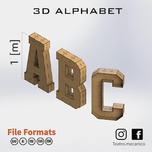 Alfabeto 3D - 1 [m] di altezza - per taglio laser - file CNC (DXF / SVG / Ai / PDF) Vettore - Download digitale istantaneo