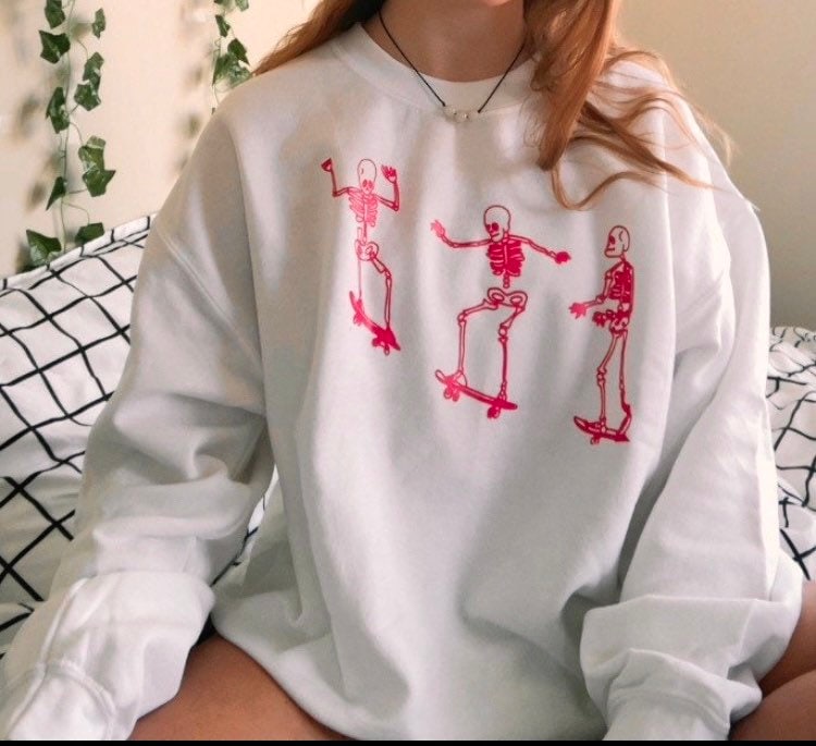 Preppy, Aesthetic, Crew Neck Sweatshirt with Pink Skateboarding Skeleton Screen Print Design, Women's Clothing, Oversized Sweatshirt