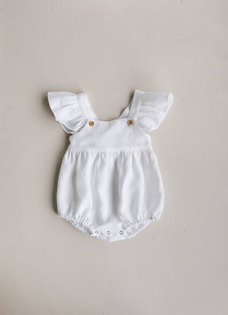 White Baby Romper Linen Baby Romper Romper With Ruffles Etsy