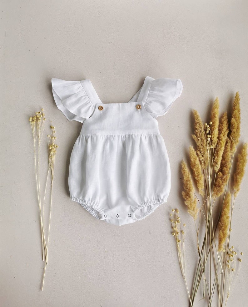 White baby romper Linen baby romper Romper with ruffles Etsy