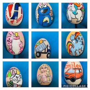 May include: Nine decorated Easter eggs with various designs.  One egg has a blue Cookie Monster, one has a unicorn, one has a baby bottle, one has a dump truck, one has a rainbow pony, one has a car, one has a princess, one has a bunny, and one has the text "Class of 2020".