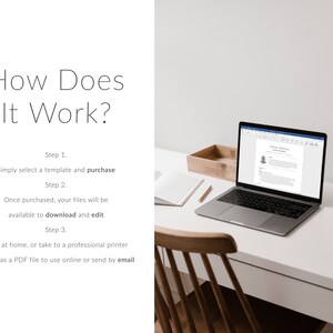 May include: A white desk with a laptop computer open to a resume template. The laptop is on a white desk with a wooden chair and a wooden box. The text on the screen reads "How Does It Work?" and lists the steps to purchase and download the resume template.