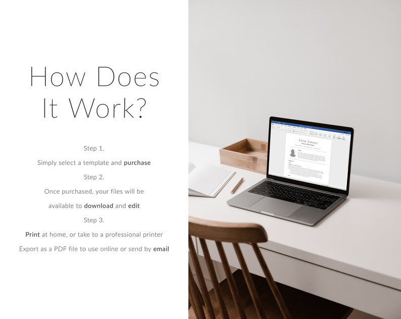May include: A white desk with a laptop computer open to a resume template. The laptop is on a white desk with a wooden chair and a wooden box. The text on the screen reads "How Does It Work?" and lists the steps to purchase and download the resume template.