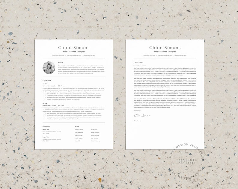 May include: A black and white resume and cover letter template with the name Chloe Simons, Freelance Web Designer at the top of each page.