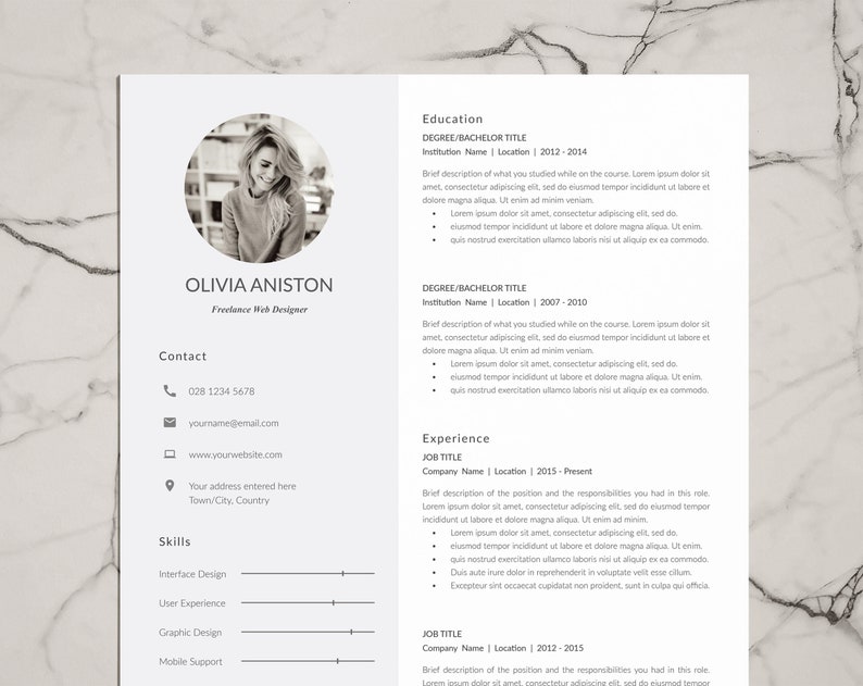 May include: A black and white resume template featuring a headshot of a woman. The resume includes the name Olivia Aniston, Freelance Web Designer, and contact details. The resume also includes sections for education, experience, and skills.