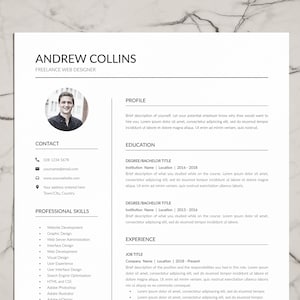 May include: A black and white resume with the name Andrew Collins, Freelance Web Designer, at the top. The resume includes contact information, professional skills, education, and experience.