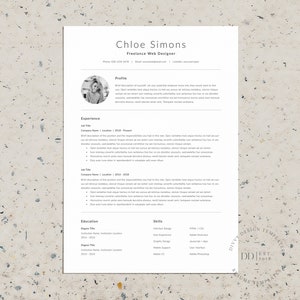 May include: A black and white resume template with a minimalist design. The resume features a profile section, experience section, education section, and skills section. The resume is for a freelance web designer named Chloe Simons.