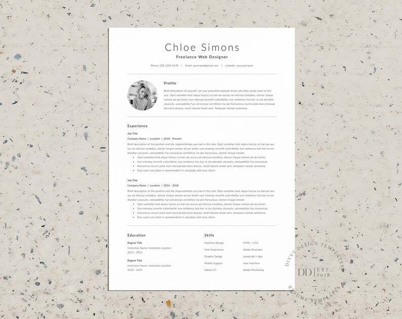 May include: A black and white resume template with a minimalist design. The resume features a profile section, experience section, education section, and skills section. The resume is for a freelance web designer named Chloe Simons.