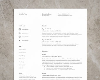 Plantilla de CV profesional y carta de presentación, plantilla de currículum para Word e InDesign, plantilla de CV simple, currículum moderno, descarga instantánea