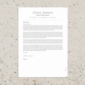 May include: A white cover letter with the text "Cover Letter" and "Chloe Simons Freelance Web Designer" at the top. The letter is addressed to "To whom it may concern" and includes a signature at the bottom.