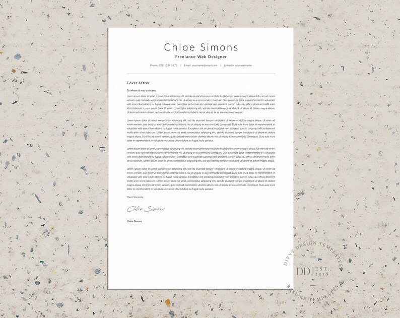 May include: A white cover letter with the text "Cover Letter" and "Chloe Simons Freelance Web Designer" at the top. The letter is addressed to "To whom it may concern" and includes a signature at the bottom.
