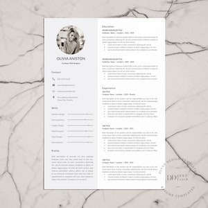 May include: A black and white resume template featuring a headshot of a woman in a circle at the top. The resume includes contact information, skills, profile, education, and experience sections. The text on the resume is in a simple, modern font.