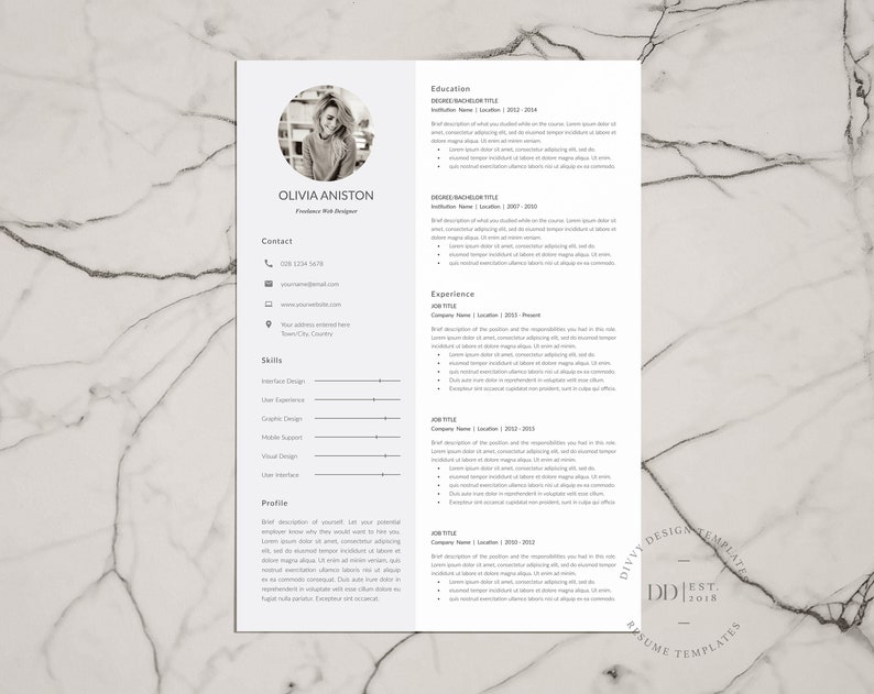 May include: A black and white resume template featuring a headshot of a woman in a circle at the top. The resume includes contact information, skills, profile, education, and experience sections. The text on the resume is in a simple, modern font.