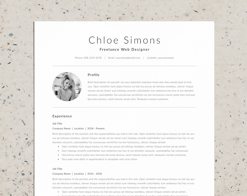 May include: A resume for Chloe Simons, a freelance web designer. The resume includes a profile section with a brief description of her skills and experience, and an experience section with details about her previous roles.