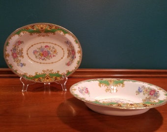 Shelley, Sheraton Green Scalloped Fine Bone China 9&quot; Oval Vegetable Bowl