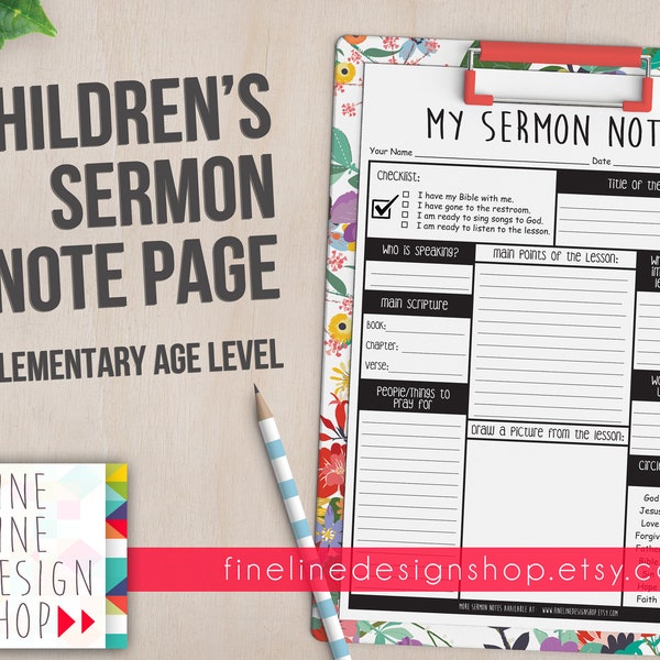 Sermon Notes for Kids. Elementary Age. PDF printable. Instant download. Worship Notes. Children. Early Reader. Boy or Girl