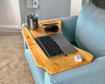 Wooden portable desk, wood folding writing desk, wooden tray for working and eating on the road, nomad wooden desk with cup and pencil trays