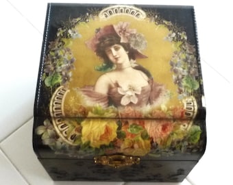 Antique Victorian Collar Box w/ Vintage Collar,  Cameo Style Woman Photo, Floral Wedding Memory Box