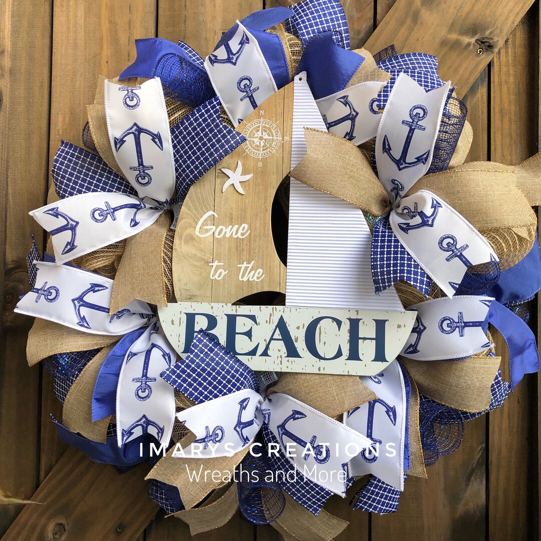 Beach Mesh Wreath, Sailboat Wreath, Summer Front Door, Nautical Wreath ...