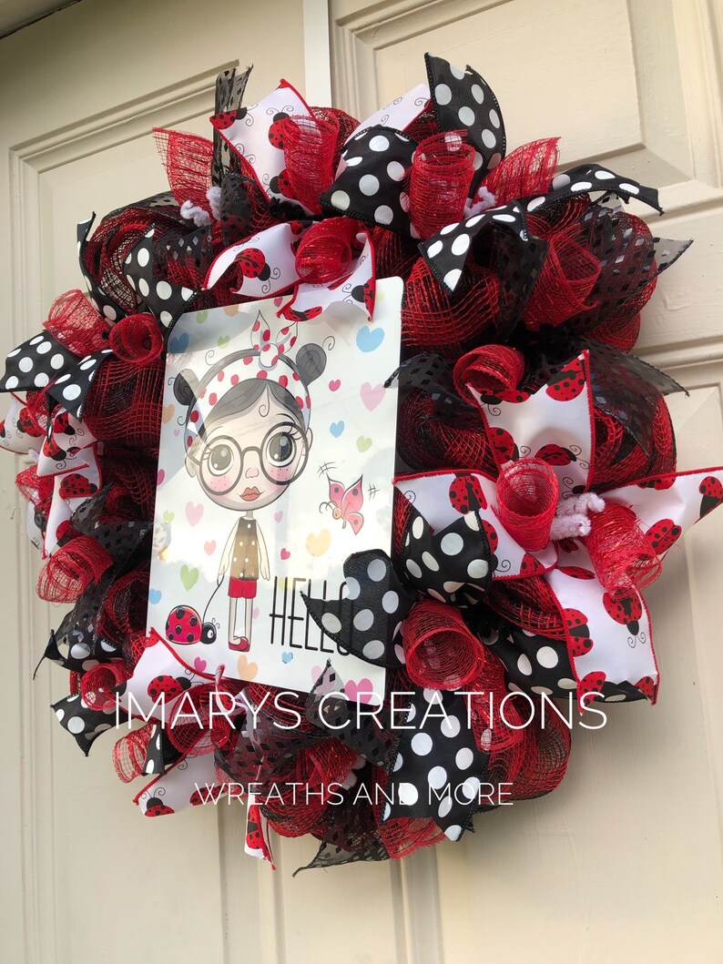summer wreath spring wreath Hello Lady Bug Wreath,Lady bug wreath Front door decor,Welcome Wreath deco mesh wreath front door wreath