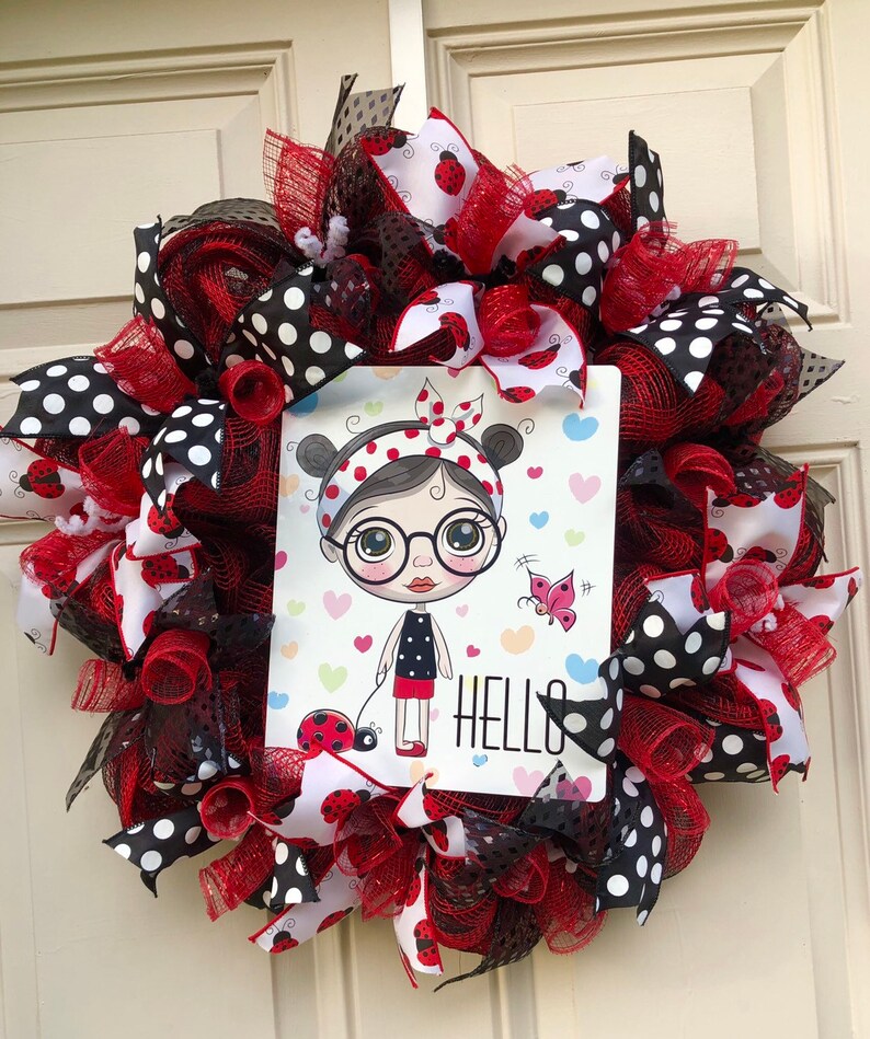 summer wreath spring wreath Hello Lady Bug Wreath,Lady bug wreath Front door decor,Welcome Wreath deco mesh wreath front door wreath