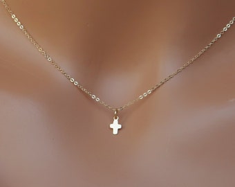 Tiny Cross Necklace, Dainty Cross Choker, Cross Pendant, Childs Necklace, Baptism Gift, Communion Gift, Confirmation Gift, Silver, Rose Gold