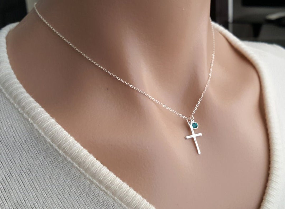 Personalized Cross Birthstone Necklace Sterling Silver, Charm Necklace