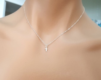 Cuter small tiny Cross necklace Sterling Silver, Cross necklace, small short necklace, Birthday, Christmas, Baptism gift for her