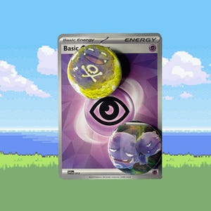 May include: A Pokémon Basic Energy card with two round, colorful pins. One pin features a yellow and purple design with a skull and crossbones, and the other shows two purple cartoon characters. The card has the text "Basic Energy".
