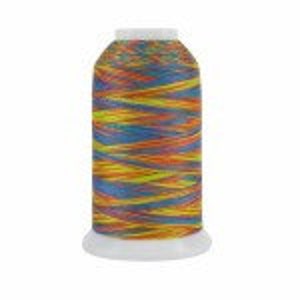 May include: A spool of colorful embroidery thread with a variegated pattern of blue, yellow, orange, and red.