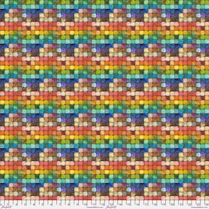 May include: A fabric print featuring a repeating grid of small, textured squares in a vibrant spectrum of colors including red, orange, yellow, green, blue, and purple. A white ruler measuring 24 inches is visible along the bottom edge.