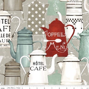 May include: A beige fabric with a repeating pattern of vintage coffee pots in various colors and styles. The fabric features the text "Hotel Cafe" and "Coffees Menu".