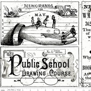 May include: Black and white illustration of a hand holding a group of children. The hand is reaching out from a page with the word "Memoranda" and the month "May" written above it. The illustration is from a vintage public school drawing course book.