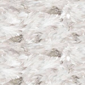 May include: Abstract pattern featuring a seamless design of white and gray brushstrokes. The strokes overlap, creating a textured, feathery appearance. The color palette is neutral, with variations of white, gray, and a hint of taupe, suitable for various design applications.