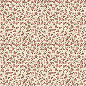 May include: A seamless pattern featuring a repeating design of small pink flowers with green leaves on a cream background.